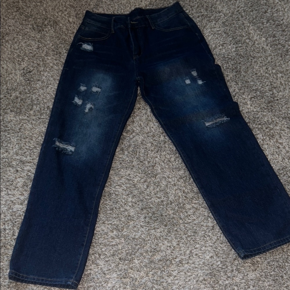 Blue Flare Wide Leg Jeans with Distressed Details